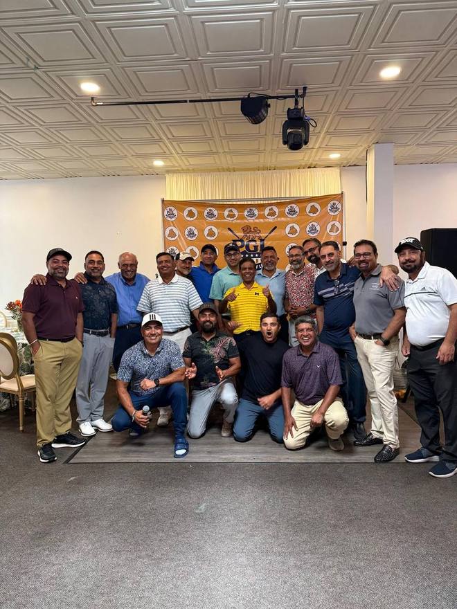 A league photographed together in front of the Punjabi Golf League backdrop